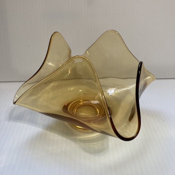 Vintage MCM Amber Handkerchief Ruffled Pinched Art Glass Bowl, Mid Century - Picture 5 of 11